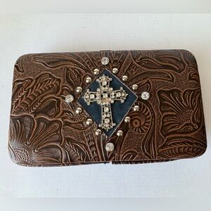 Western Floral Embossed Faux Leather Clutch Wallet Rhinestone Cross
